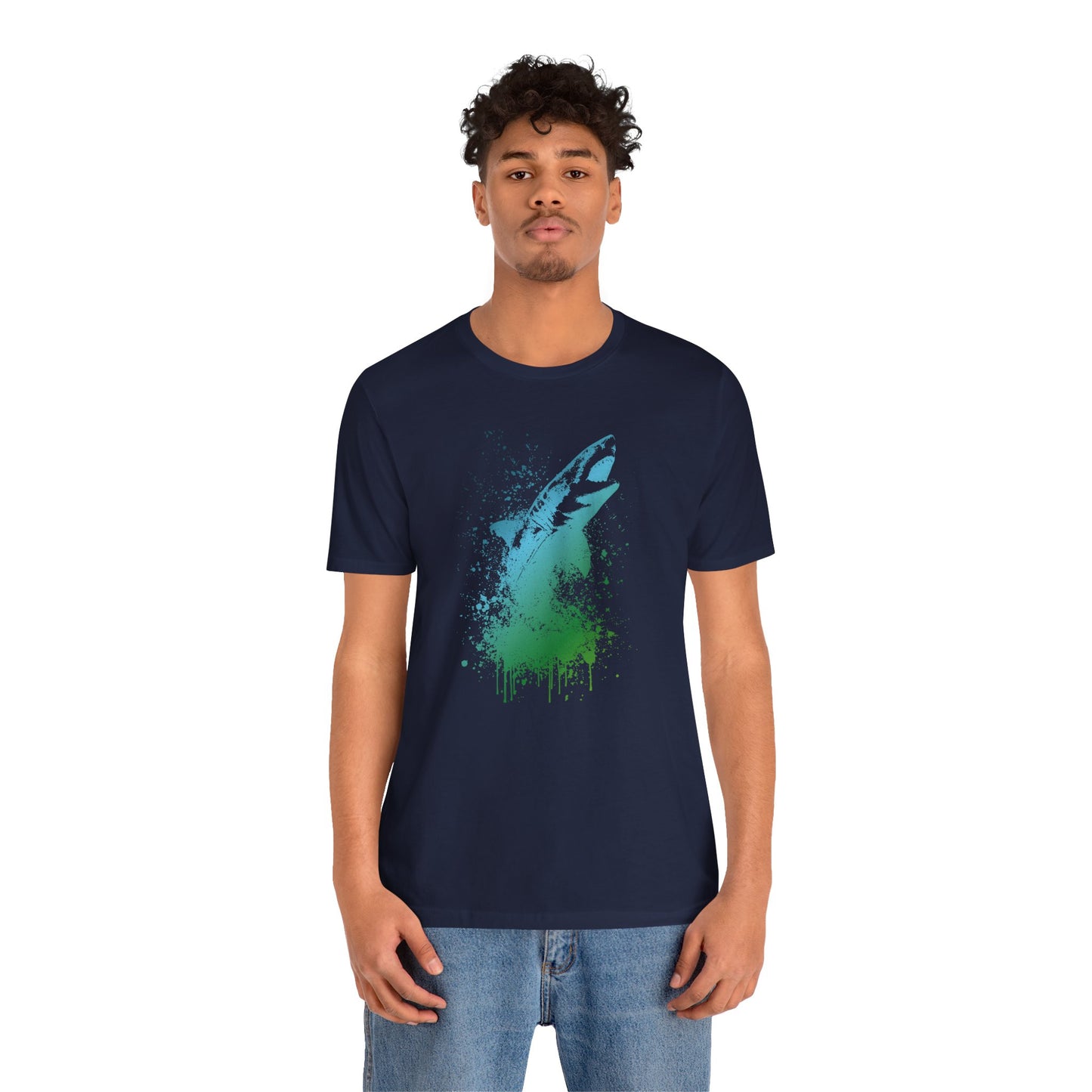 Great White Graphic Tee — Blue & Green Watercolor Shark T‑Shirt