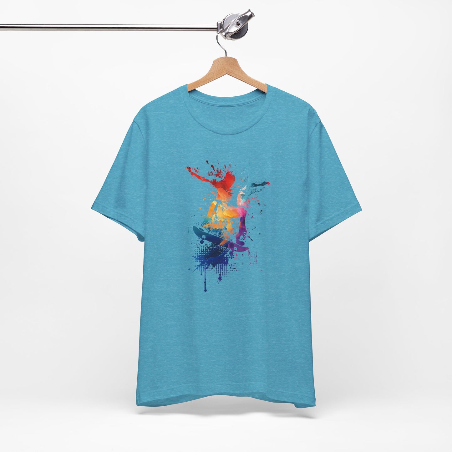 Skateboard Splash Tee — Colorful Watercolor Skateboarder Graphic T‑Shirt