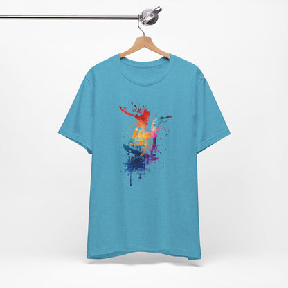 Skateboard Splash Tee — Colorful Watercolor Skateboarder Graphic T‑Shirt