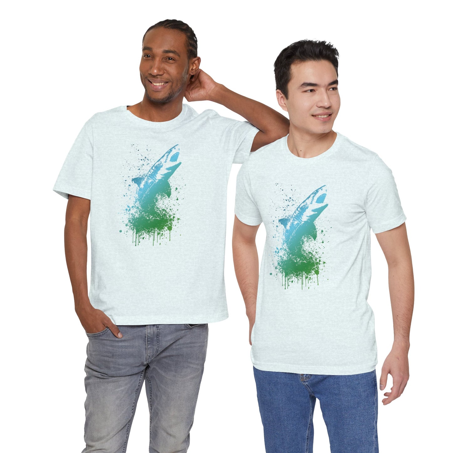Great White Graphic Tee — Blue & Green Watercolor Shark T‑Shirt