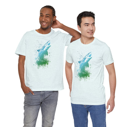 Great White Graphic Tee — Blue & Green Watercolor Shark T‑Shirt