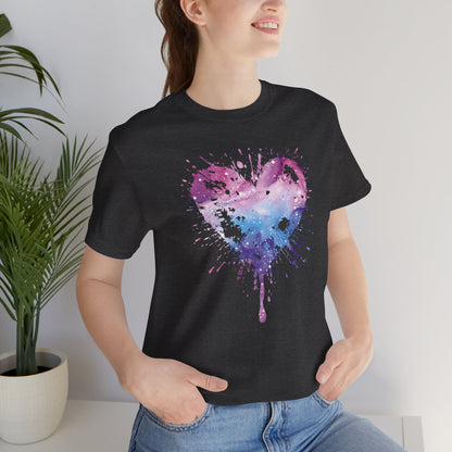 Watercolor Splatter Heart T‑Shirt — Galaxy Pink & Blue Drip Tee
