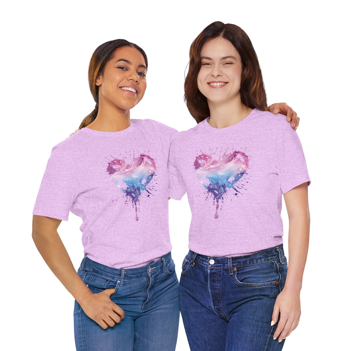 Watercolor Splatter Heart T‑Shirt — Galaxy Pink & Blue Drip Tee