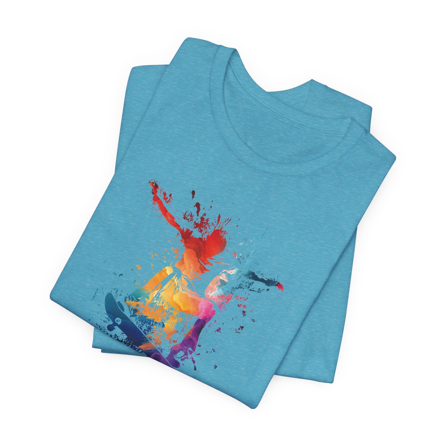 Skateboard Splash Tee — Colorful Watercolor Skateboarder Graphic T‑Shirt
