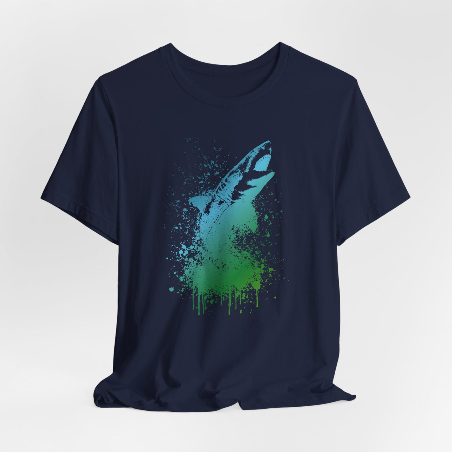 Great White Graphic Tee — Blue & Green Watercolor Shark T‑Shirt