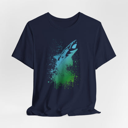Great White Graphic Tee — Blue & Green Watercolor Shark T‑Shirt