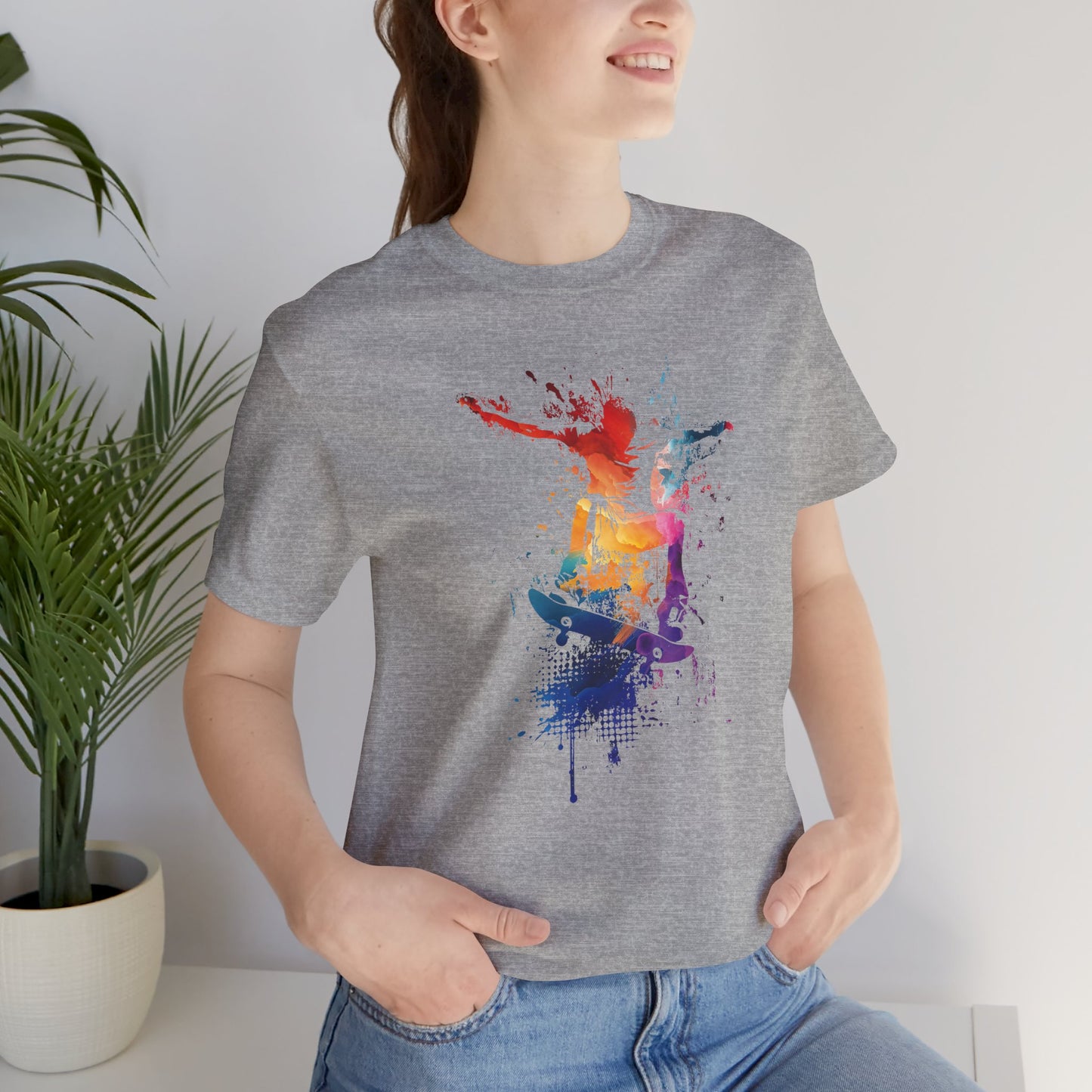 Skateboard Splash Tee — Colorful Watercolor Skateboarder Graphic T‑Shirt