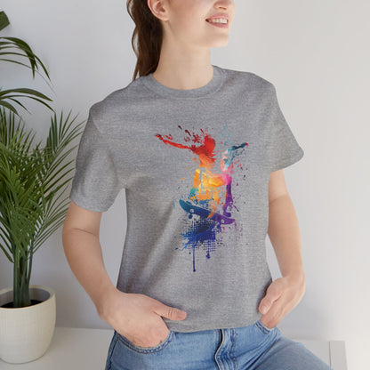 Skateboard Splash Tee — Colorful Watercolor Skateboarder Graphic T‑Shirt