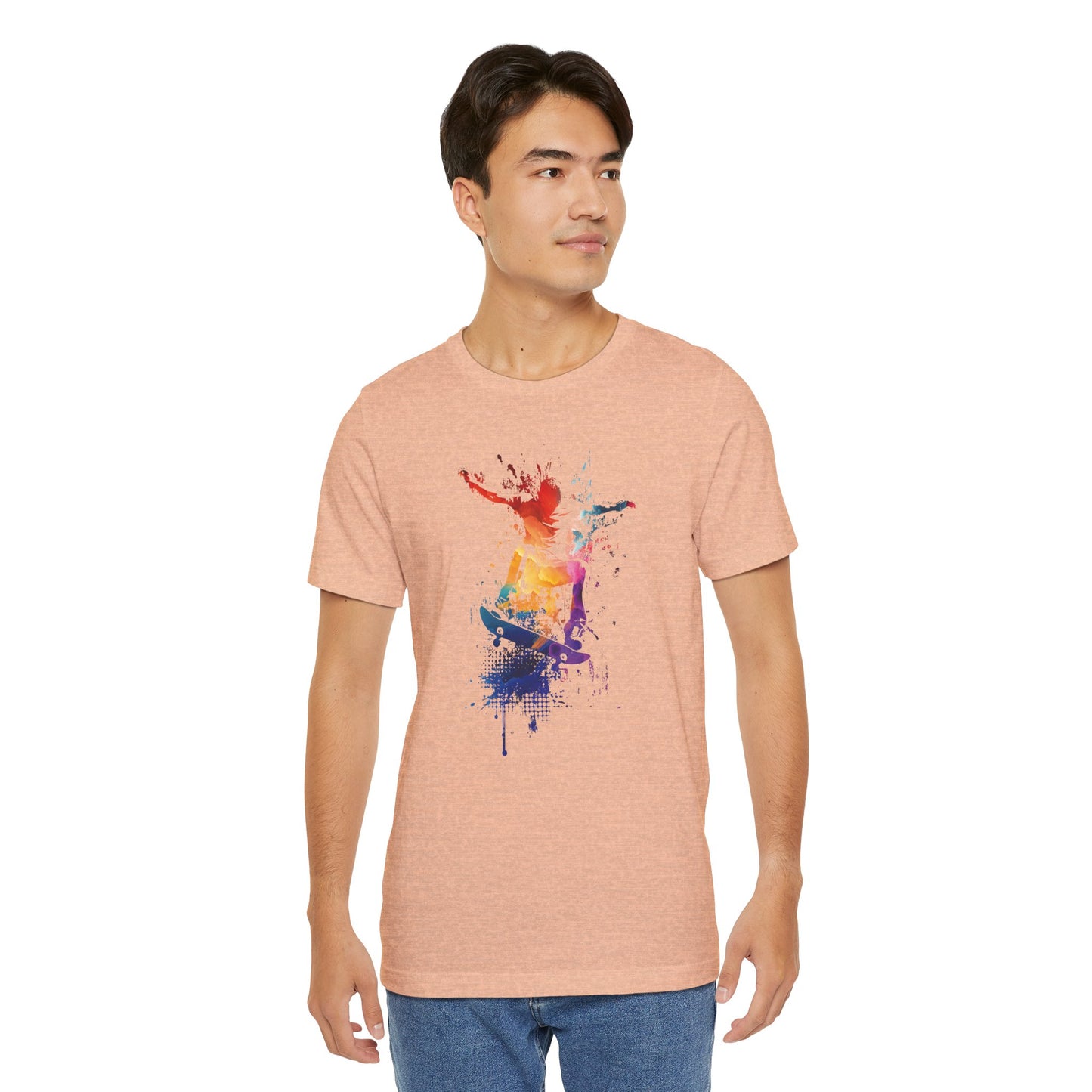 Skateboard Splash Tee — Colorful Watercolor Skateboarder Graphic T‑Shirt