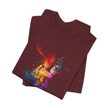 Skateboard Splash Tee — Colorful Watercolor Skateboarder Graphic T‑Shirt