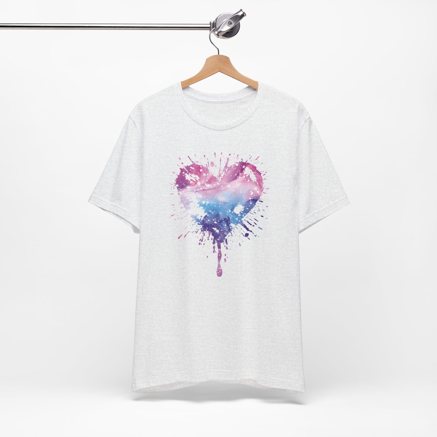 Watercolor Splatter Heart T‑Shirt — Galaxy Pink & Blue Drip Tee