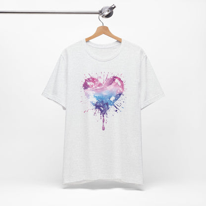 Watercolor Splatter Heart T‑Shirt — Galaxy Pink & Blue Drip Tee