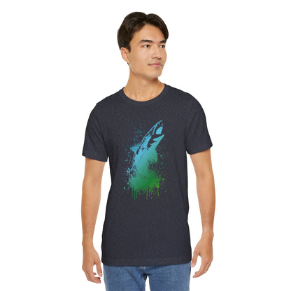 Great White Graphic Tee — Blue & Green Watercolor Shark T‑Shirt