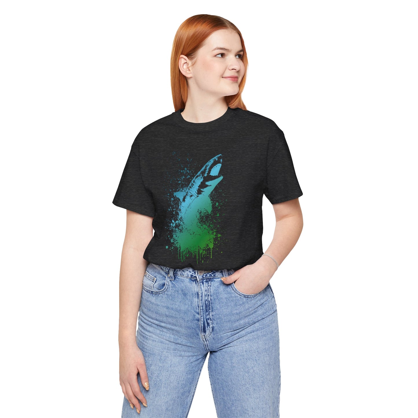 Great White Graphic Tee — Blue & Green Watercolor Shark T‑Shirt