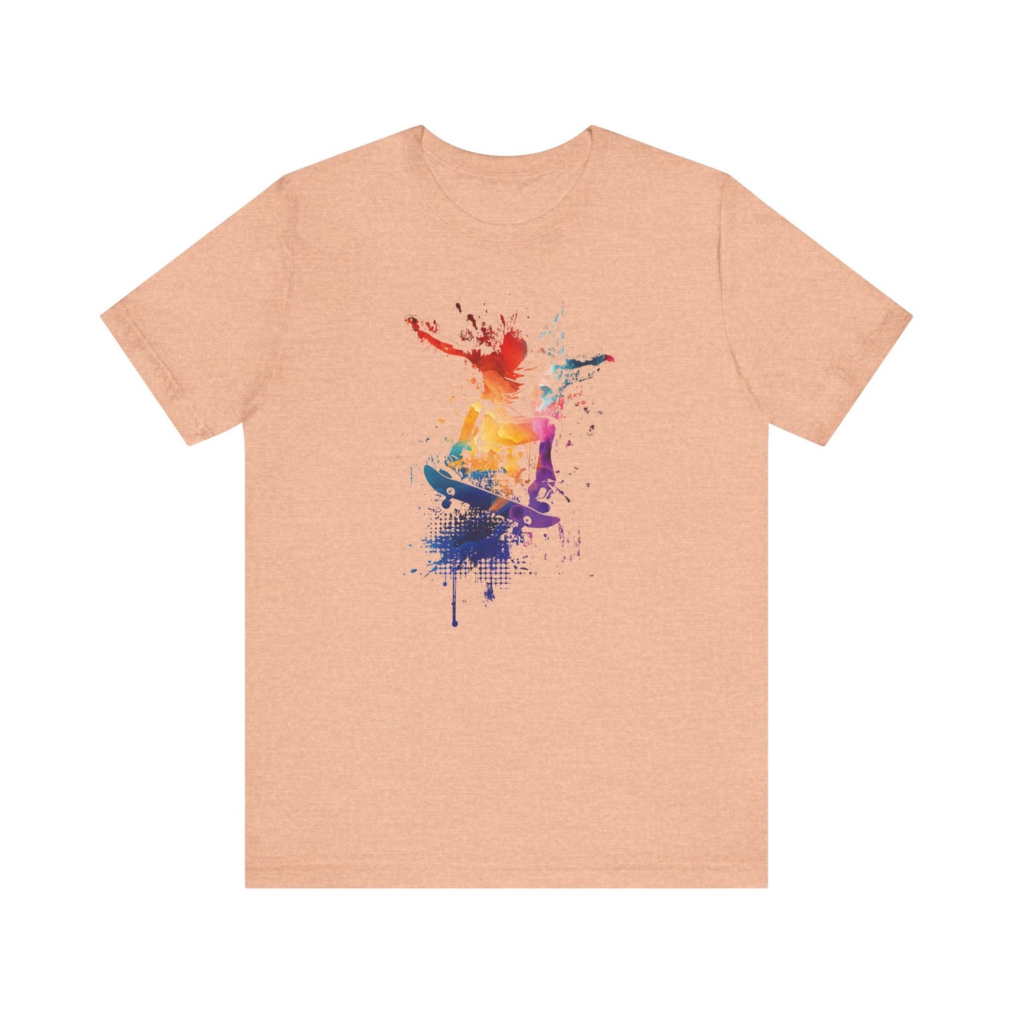 Skateboard Splash Tee — Colorful Watercolor Skateboarder Graphic T‑Shirt