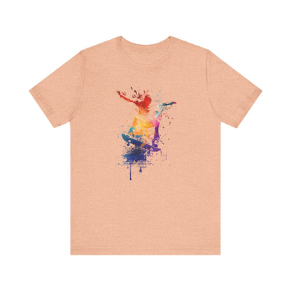 Skateboard Splash Tee — Colorful Watercolor Skateboarder Graphic T‑Shirt