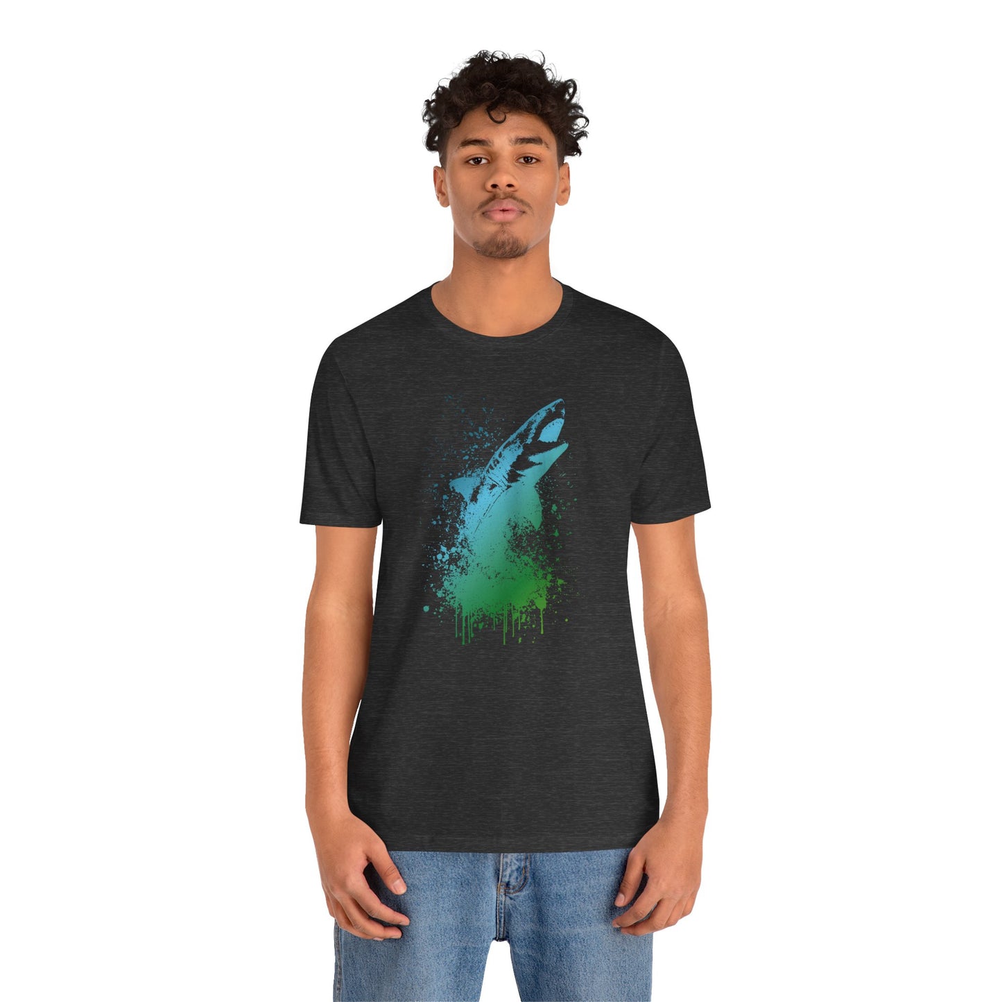 Great White Graphic Tee — Blue & Green Watercolor Shark T‑Shirt