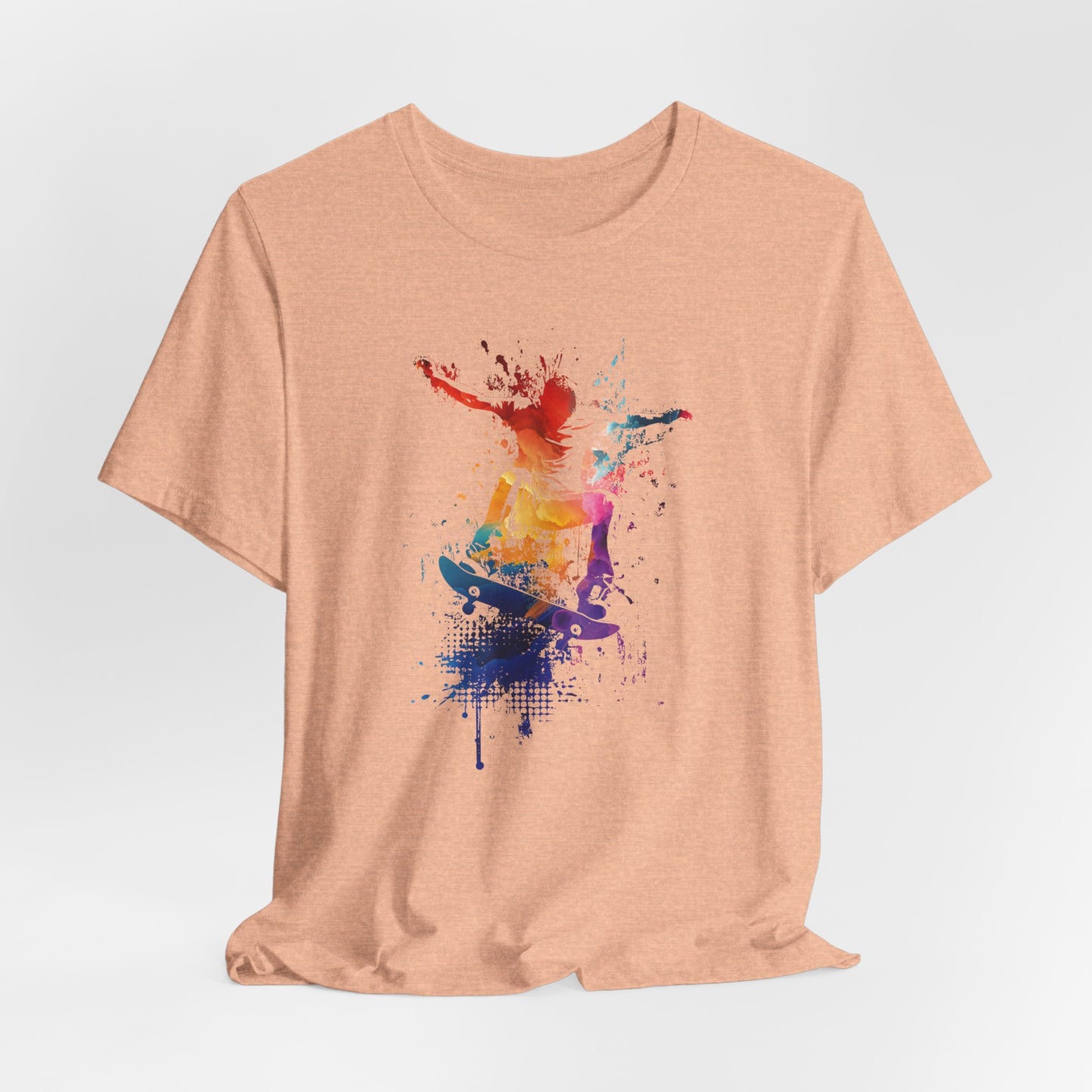 Skateboard Splash Tee — Colorful Watercolor Skateboarder Graphic T‑Shirt