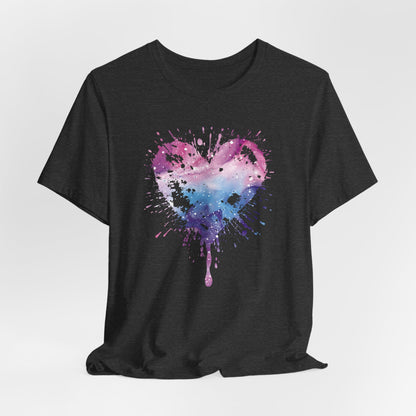 Watercolor Splatter Heart T‑Shirt — Galaxy Pink & Blue Drip Tee