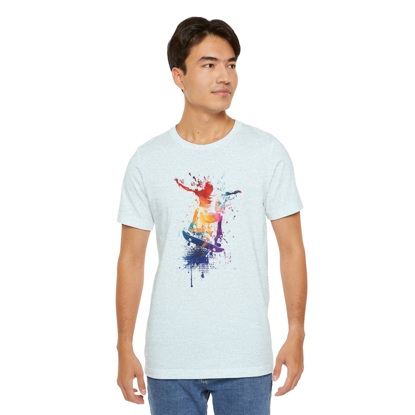 Skateboard Splash Tee — Colorful Watercolor Skateboarder Graphic T‑Shirt