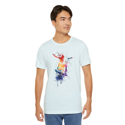 Skateboard Splash Tee — Colorful Watercolor Skateboarder Graphic T‑Shirt
