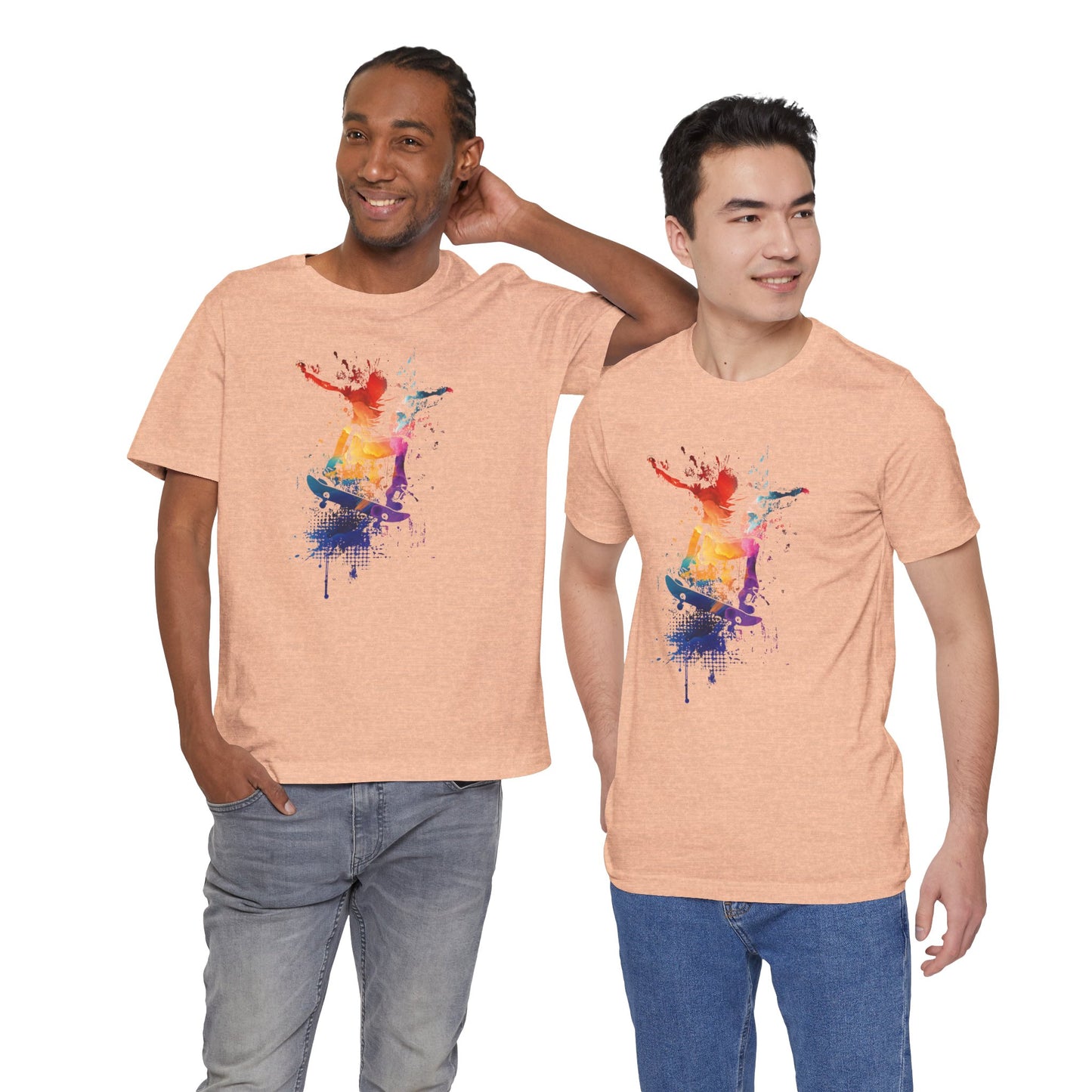 Skateboard Splash Tee — Colorful Watercolor Skateboarder Graphic T‑Shirt