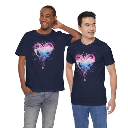 Watercolor Splatter Heart T‑Shirt — Galaxy Pink & Blue Drip Tee