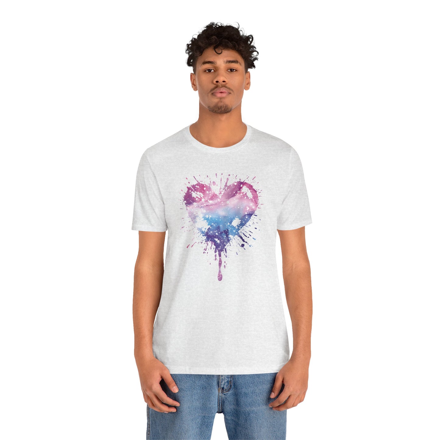 Watercolor Splatter Heart T‑Shirt — Galaxy Pink & Blue Drip Tee