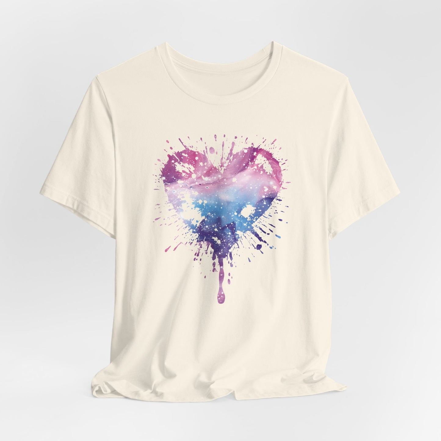 Watercolor Splatter Heart T‑Shirt — Galaxy Pink & Blue Drip Tee