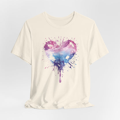 Watercolor Splatter Heart T‑Shirt — Galaxy Pink & Blue Drip Tee