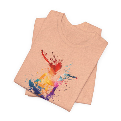 Skateboard Splash Tee — Colorful Watercolor Skateboarder Graphic T‑Shirt