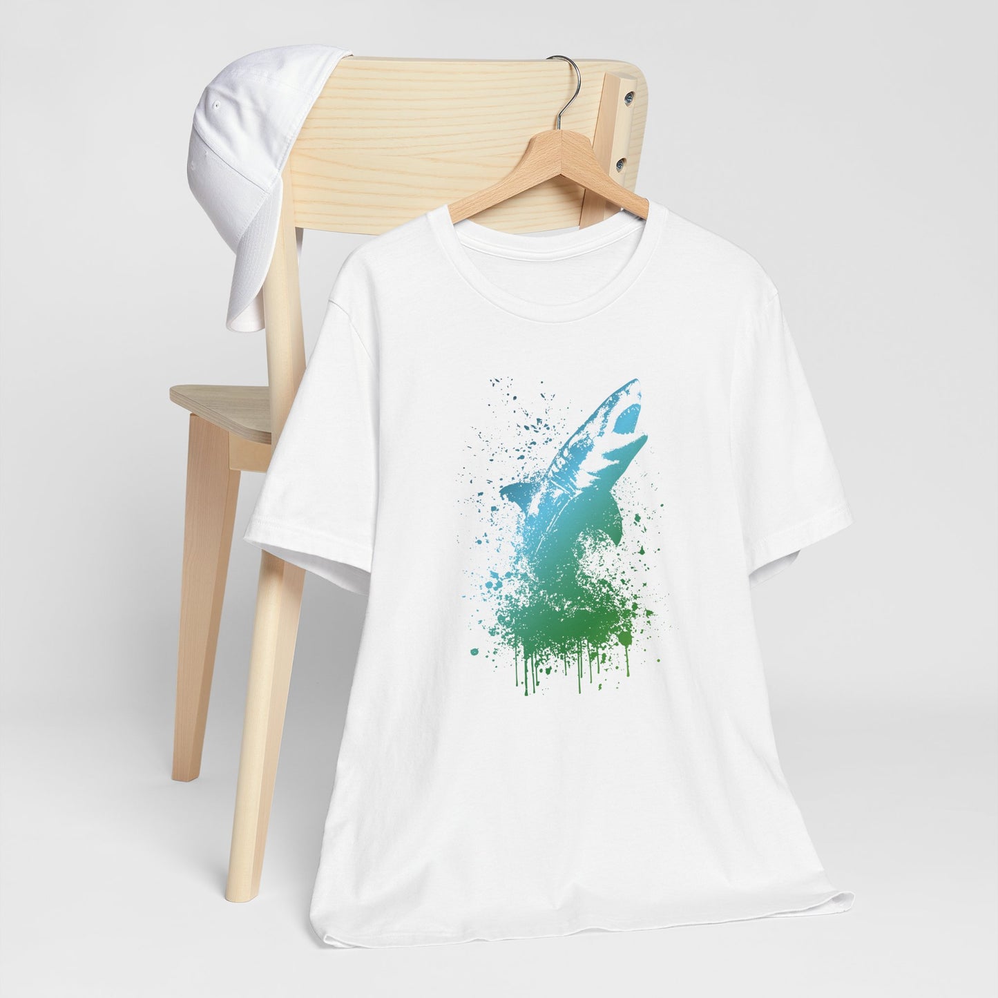 Great White Graphic Tee — Blue & Green Watercolor Shark T‑Shirt