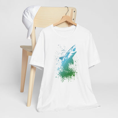 Great White Graphic Tee — Blue & Green Watercolor Shark T‑Shirt