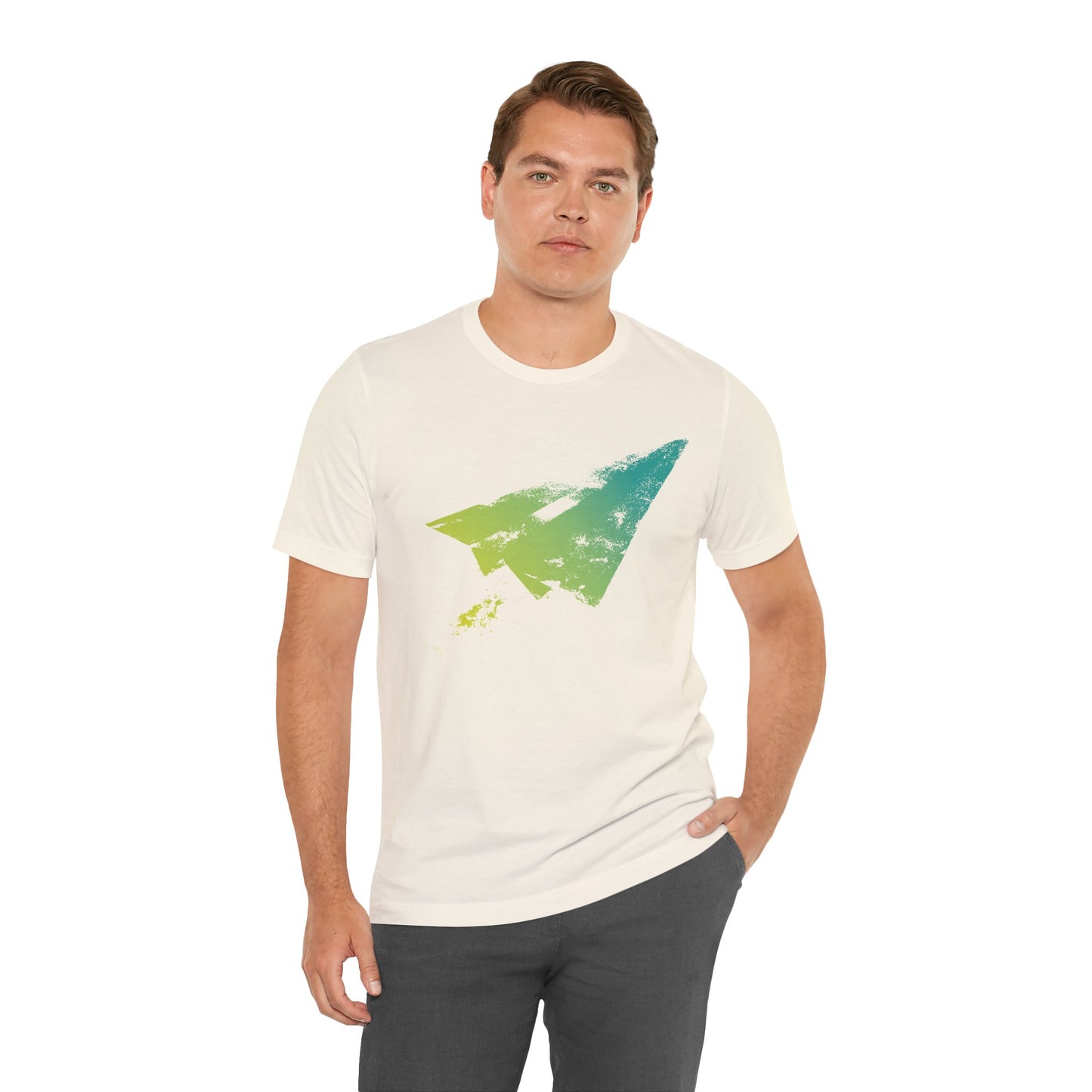 Paper Airplane Graphic Tee — Green Gradient Flight T‑Shirt