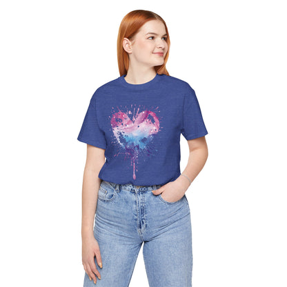 Watercolor Splatter Heart T‑Shirt — Galaxy Pink & Blue Drip Tee
