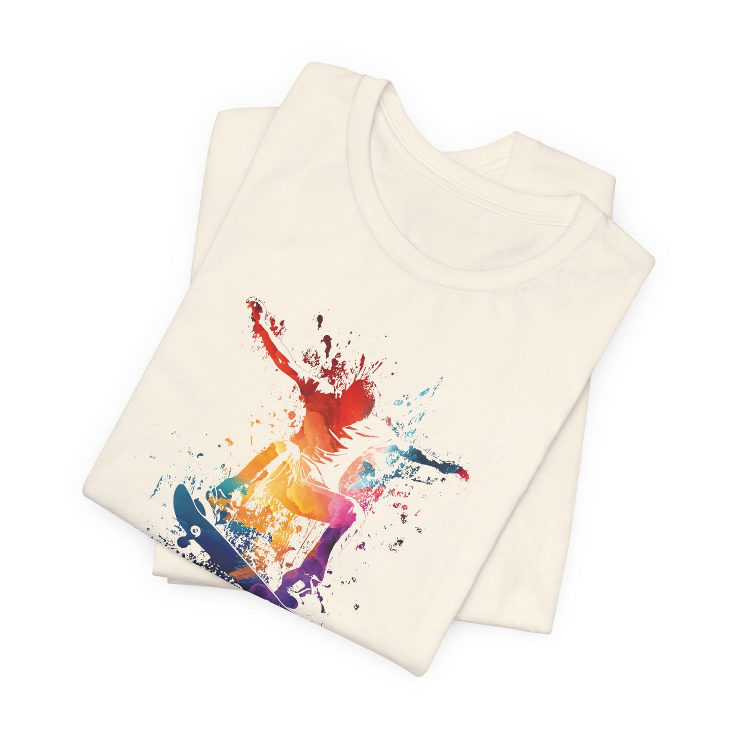 Skateboard Splash Tee — Colorful Watercolor Skateboarder Graphic T‑Shirt