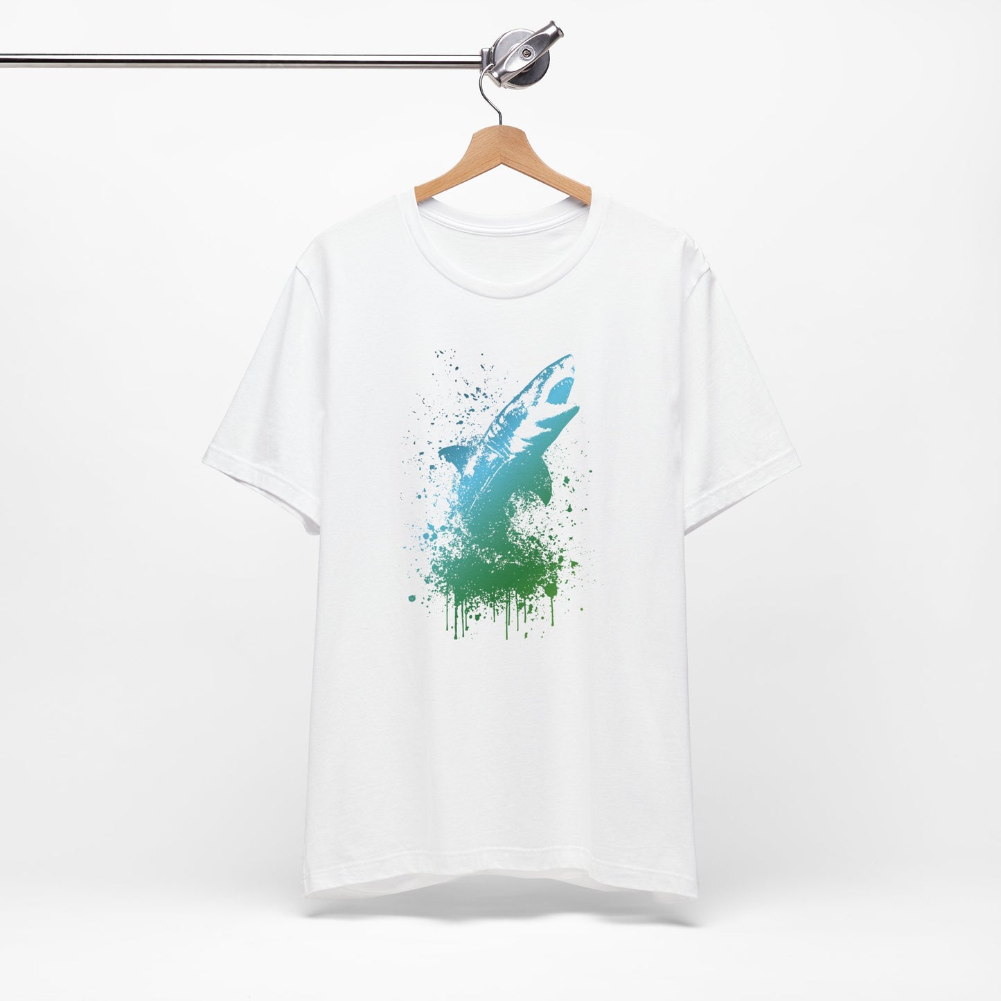 Great White Graphic Tee — Blue & Green Watercolor Shark T‑Shirt