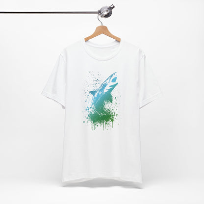 Great White Graphic Tee — Blue & Green Watercolor Shark T‑Shirt