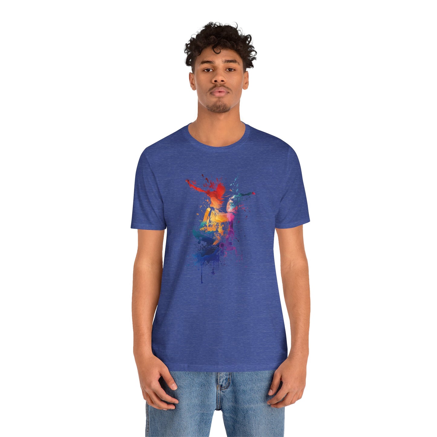Skateboard Splash Tee — Colorful Watercolor Skateboarder Graphic T‑Shirt