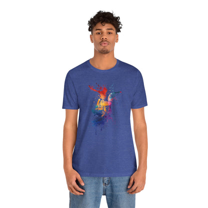 Skateboard Splash Tee — Colorful Watercolor Skateboarder Graphic T‑Shirt