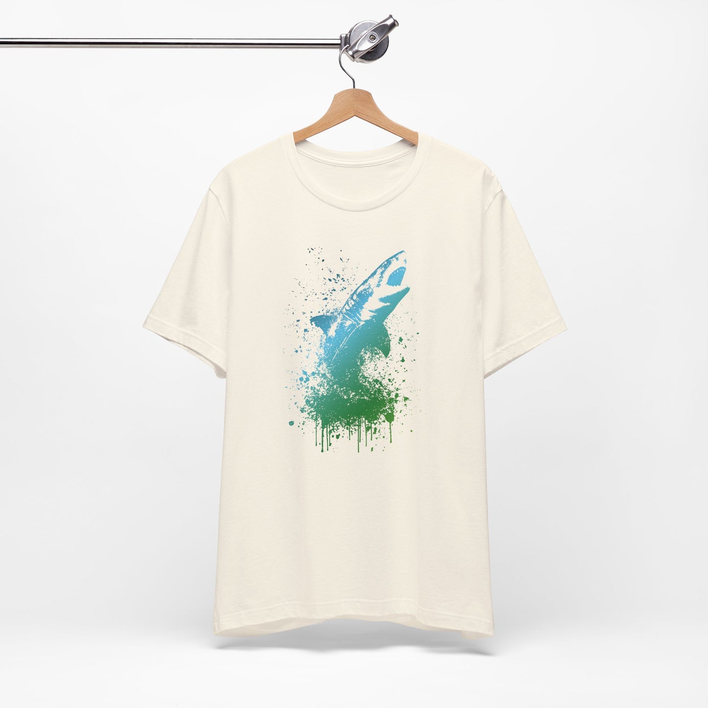 Great White Graphic Tee — Blue & Green Watercolor Shark T‑Shirt