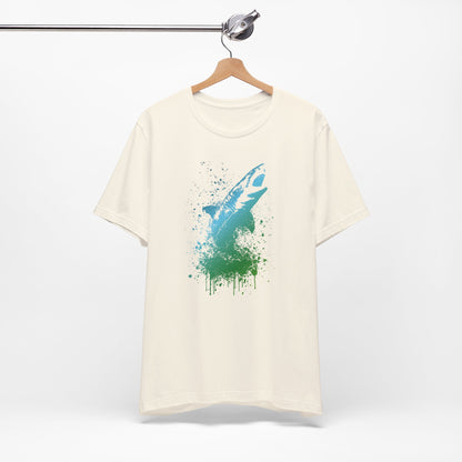 Great White Graphic Tee — Blue & Green Watercolor Shark T‑Shirt