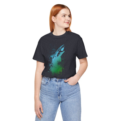 Great White Graphic Tee — Blue & Green Watercolor Shark T‑Shirt