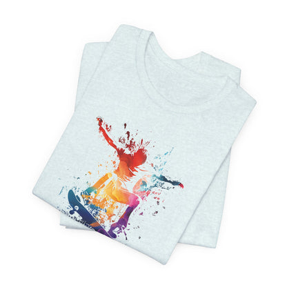 Skateboard Splash Tee — Colorful Watercolor Skateboarder Graphic T‑Shirt