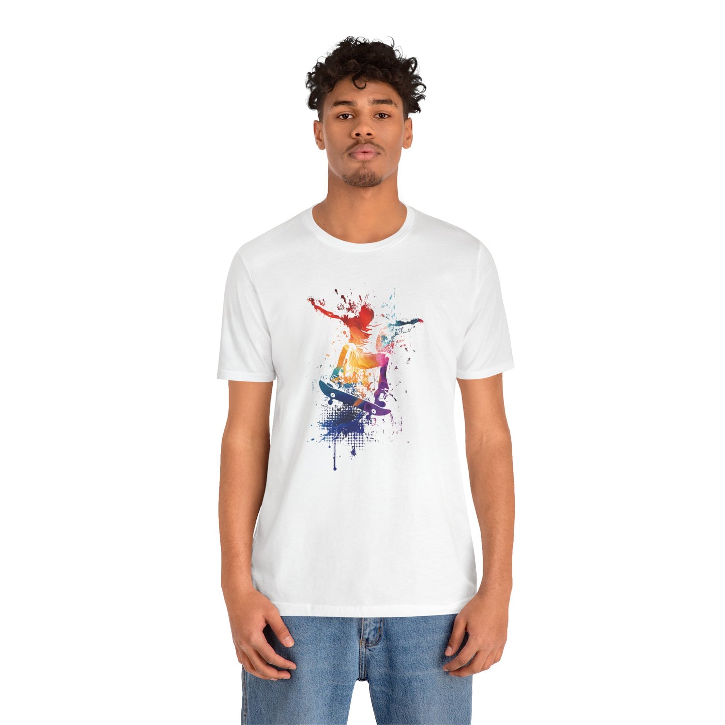 Skateboard Splash Tee — Colorful Watercolor Skateboarder Graphic T‑Shirt