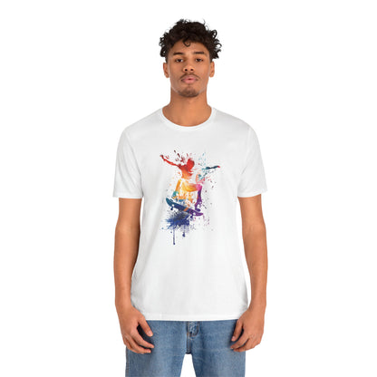 Skateboard Splash Tee — Colorful Watercolor Skateboarder Graphic T‑Shirt