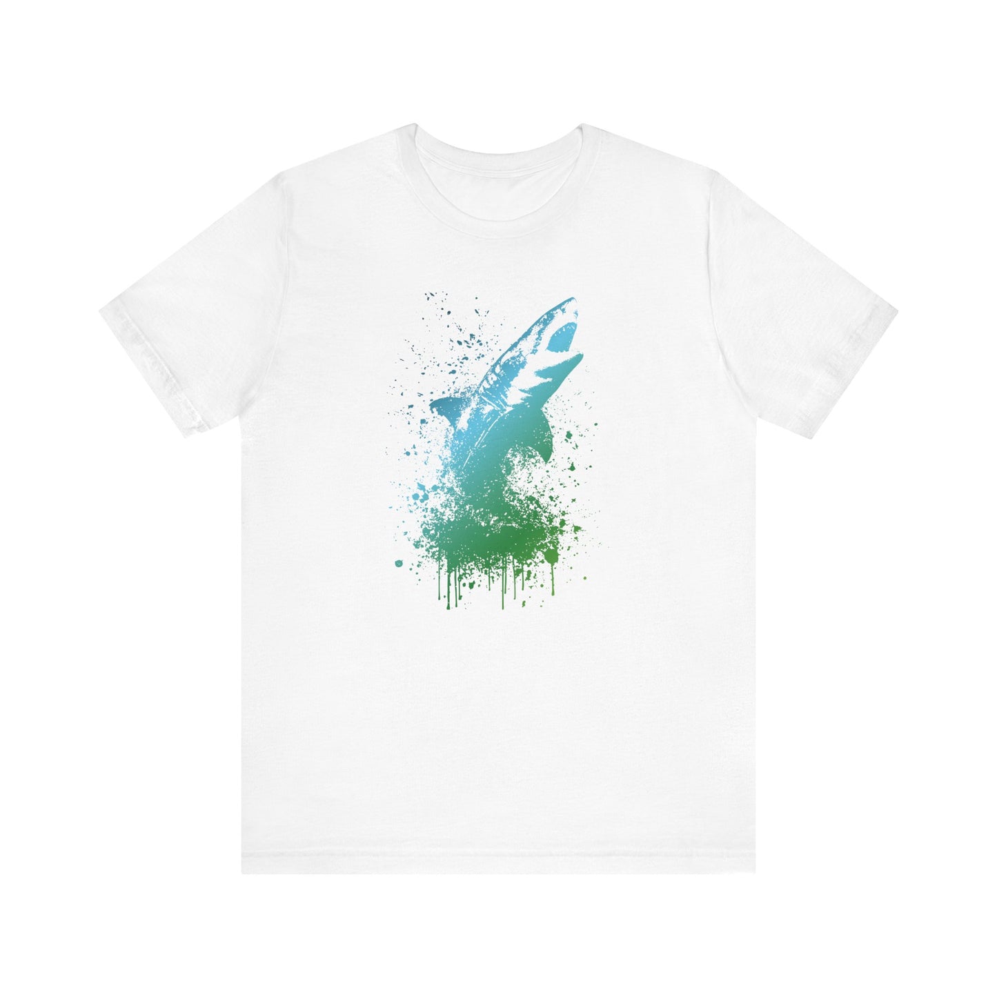 Great White Graphic Tee — Blue & Green Watercolor Shark T‑Shirt