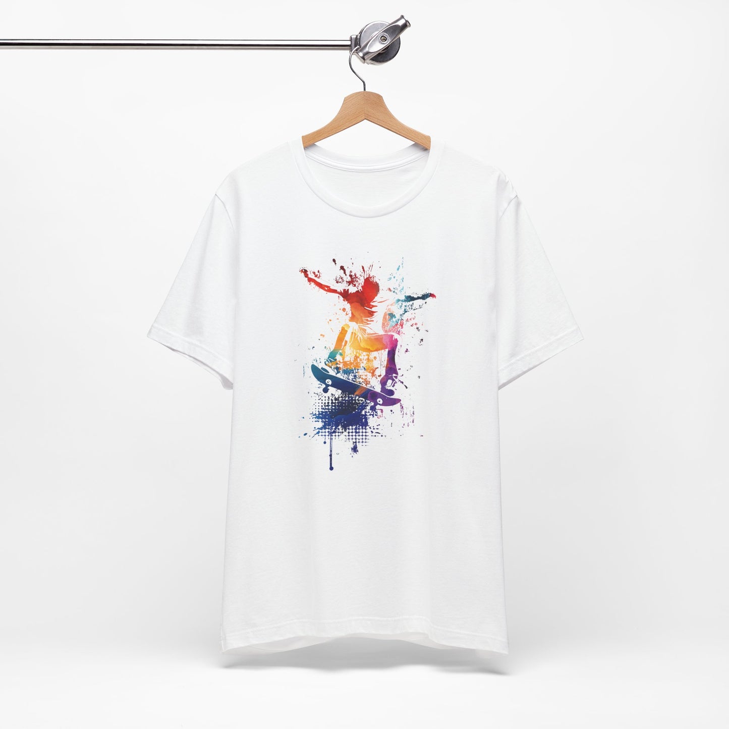 Skateboard Splash Tee — Colorful Watercolor Skateboarder Graphic T‑Shirt