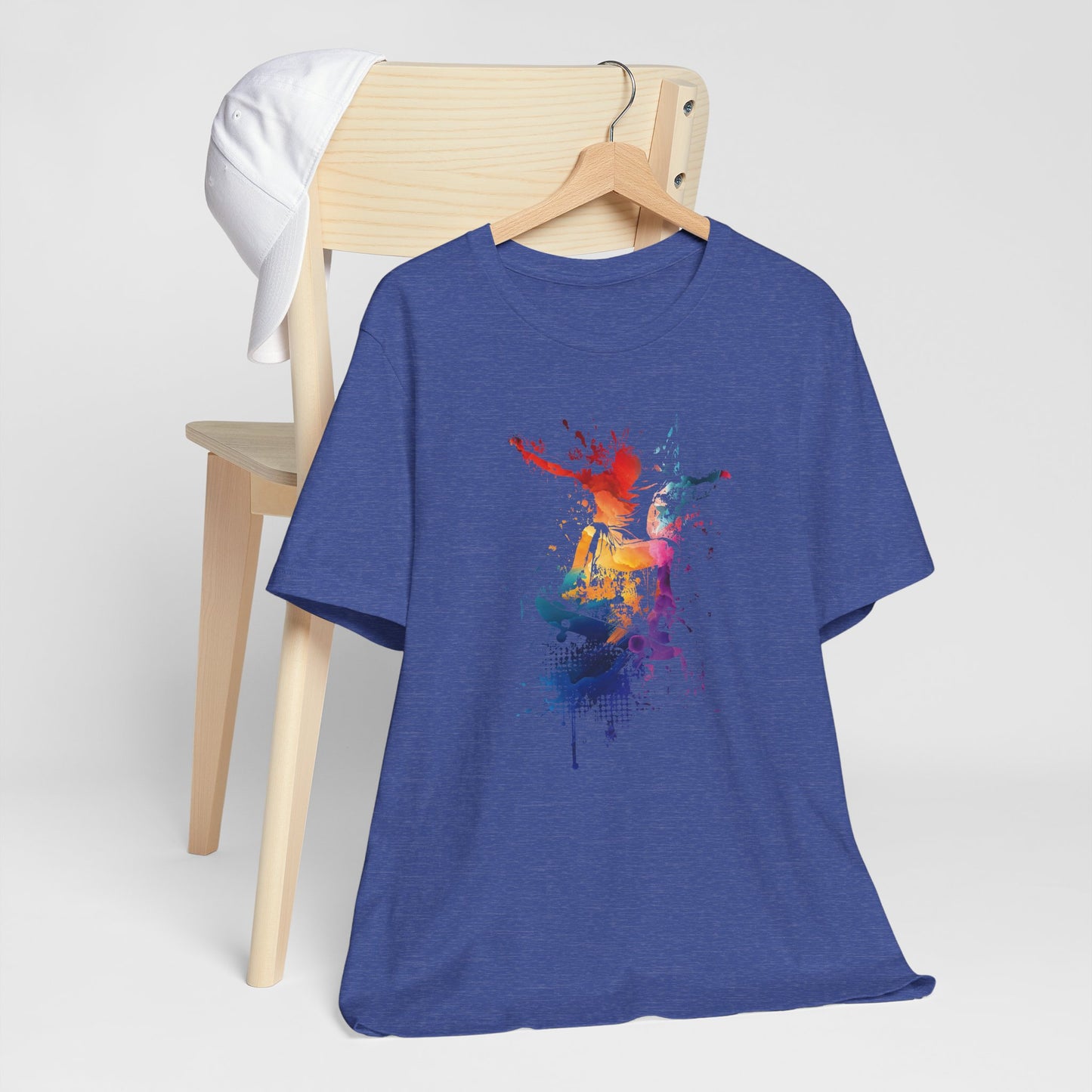 Skateboard Splash Tee — Colorful Watercolor Skateboarder Graphic T‑Shirt