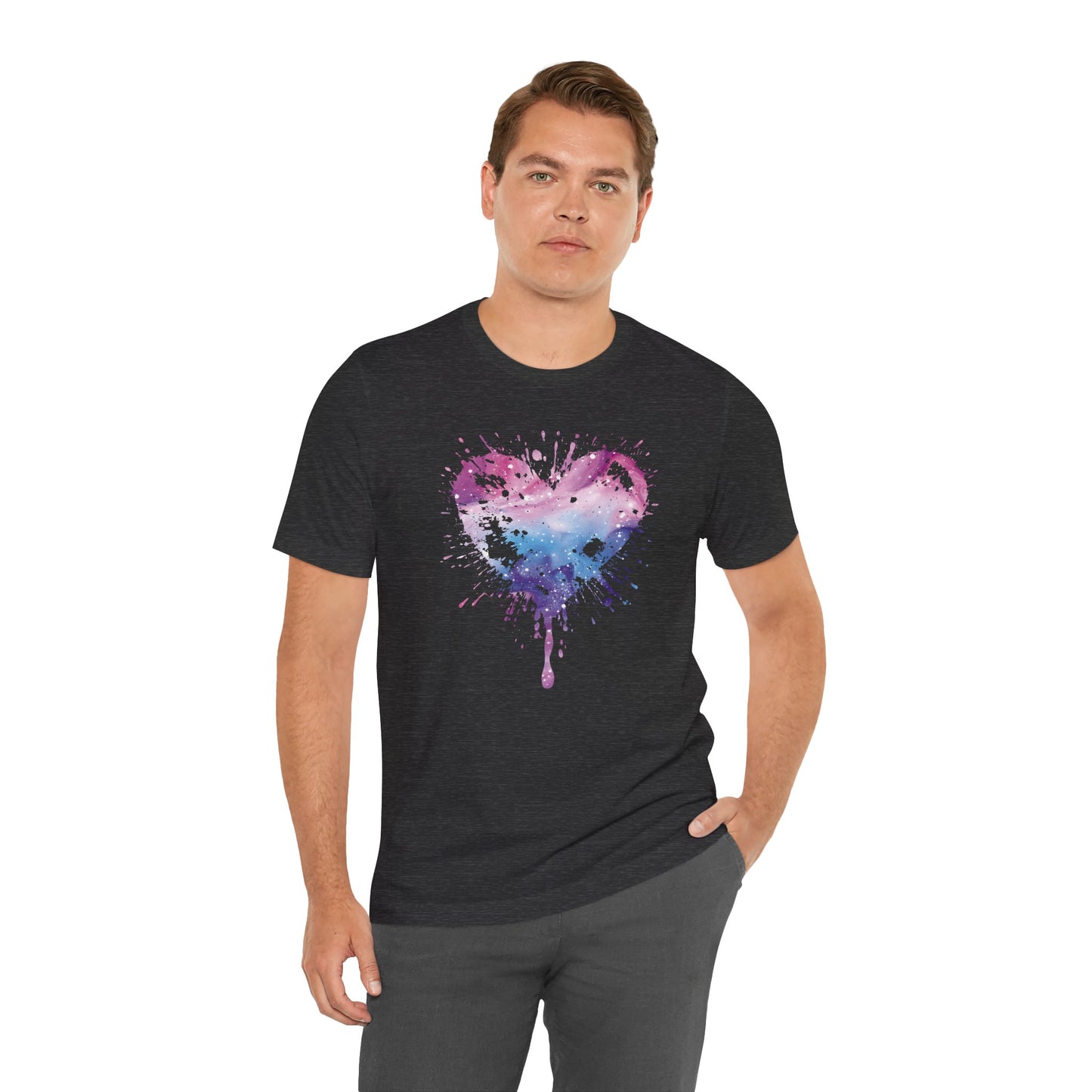 Watercolor Splatter Heart T‑Shirt — Galaxy Pink & Blue Drip Tee